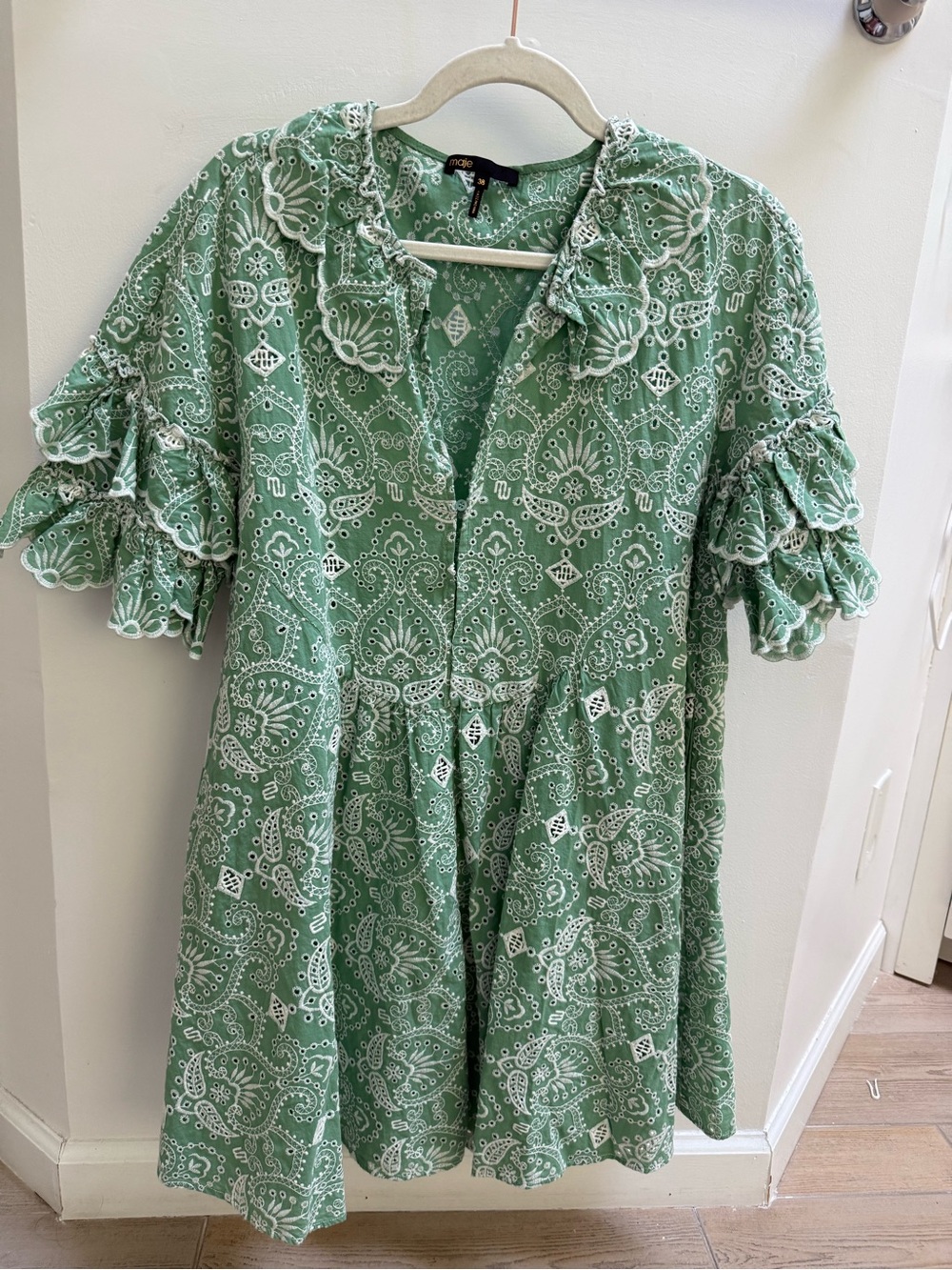 Maje Mint Green Paisley Ruffle Button Dress